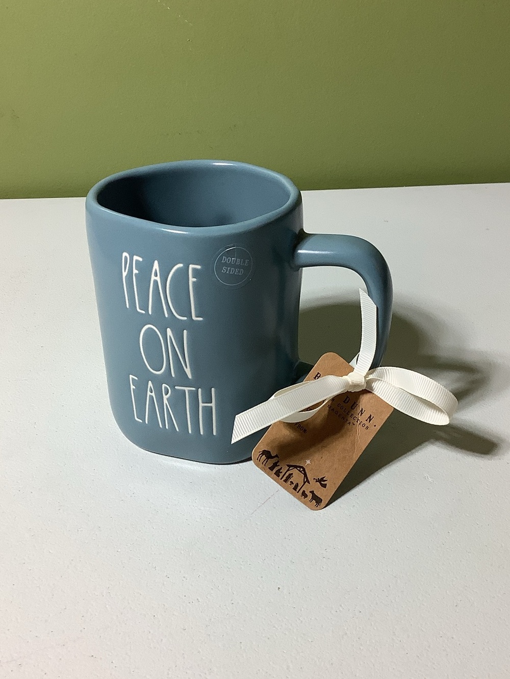 Rae Dunn Peace On Earth light dusty blue mug